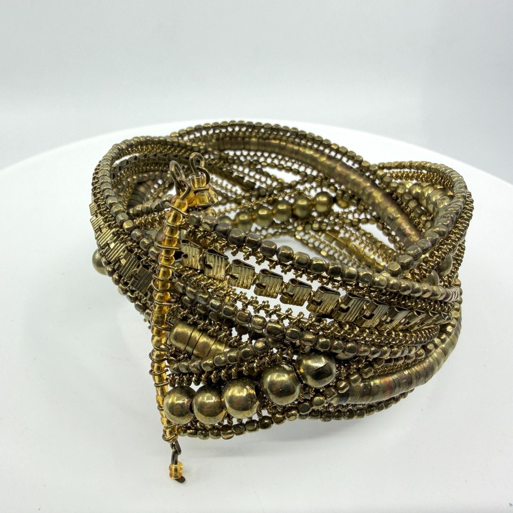Multi-Strand Gold Tone Cuff Bracelet Layered Statement Festival Boho Chic Gift